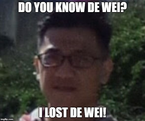 DO YOU KNOW DE WEI? I LOST DE WEI! | image tagged in de wei | made w/ Imgflip meme maker