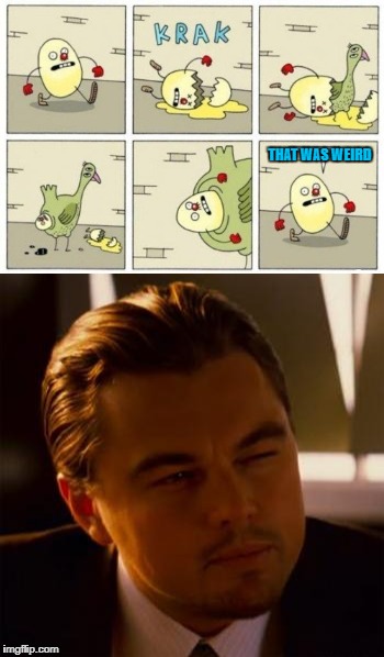 Strange days indeed! | THAT WAS WEIRD | image tagged in egg reincarnation,memes,comics,funny,inception,leonardo dicaprio | made w/ Imgflip meme maker