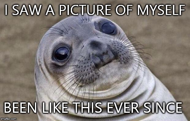 Awkward Moment Sealion Meme | I SAW A PICTURE OF MYSELF; BEEN LIKE THIS EVER SINCE | image tagged in memes,awkward moment sealion | made w/ Imgflip meme maker