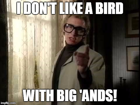 Michael Caine Nosy Neighbour | I DON'T LIKE A BIRD; WITH BIG 'ANDS! | image tagged in michael caine nosy neighbour | made w/ Imgflip meme maker