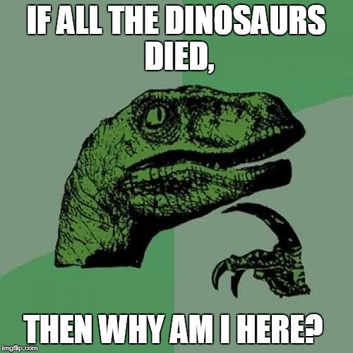 Philosoraptor | IF ALL THE DINOSAURS DIED, THEN WHY AM I HERE? | image tagged in memes,philosoraptor | made w/ Imgflip meme maker