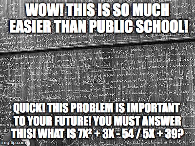 huge math problem | WOW! THIS IS SO MUCH EASIER THAN PUBLIC SCHOOL! QUICK! THIS PROBLEM IS IMPORTANT TO YOUR FUTURE! YOU MUST ANSWER THIS! WHAT IS 7X² + 3X - 54 / 5X + 39? | image tagged in huge math problem | made w/ Imgflip meme maker