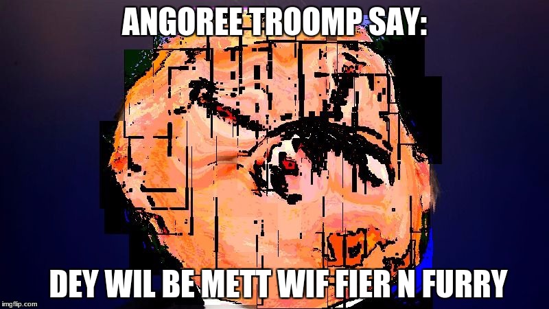 Angoree Troomp - Fier n Furry | ANGOREE TROOMP SAY:; DEY WIL BE METT WIF FIER N FURRY | image tagged in angoree troomp,trump,donald trump,funny,memes,original meme | made w/ Imgflip meme maker
