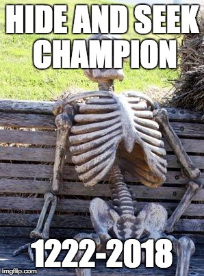 Waiting Skeleton Meme | HIDE AND SEEK CHAMPION; 1222-2018 | image tagged in memes,waiting skeleton | made w/ Imgflip meme maker
