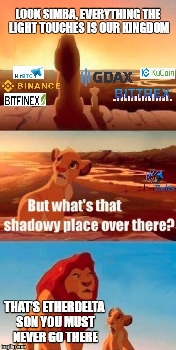Simba Shadowy Place Meme | LOOK SIMBA, EVERYTHING THE LIGHT TOUCHES IS OUR KINGDOM; THAT'S ETHERDELTA SON YOU MUST NEVER GO THERE | image tagged in memes,simba shadowy place,cryptocurrency,bitcoin,trading | made w/ Imgflip meme maker