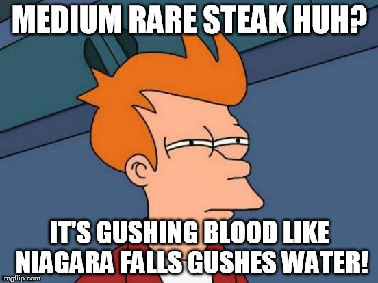 Futurama Fry Meme | MEDIUM RARE STEAK HUH? IT'S GUSHING BLOOD LIKE NIAGARA FALLS GUSHES WATER! | image tagged in memes,futurama fry | made w/ Imgflip meme maker