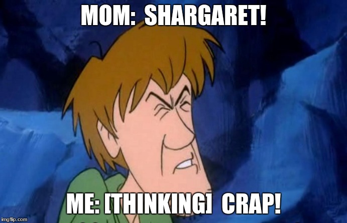 When mom finds your stash and calls you by your full name. | MOM:  SHARGARET! ME: [THINKING]  CRAP! | image tagged in funny,memes,shaggy | made w/ Imgflip meme maker