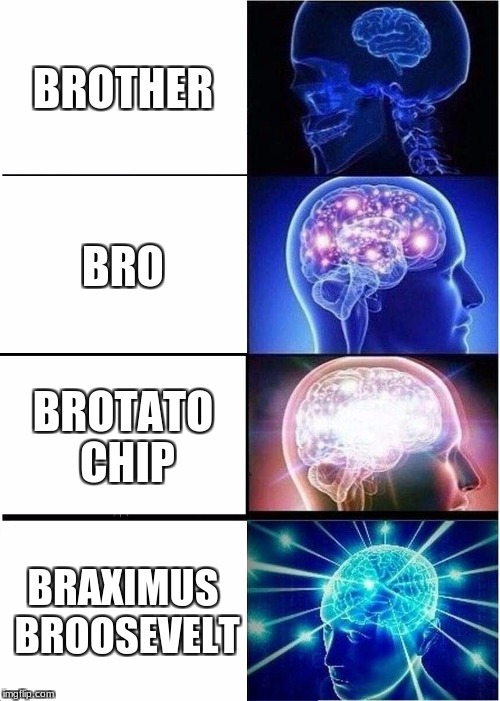 Expanding Brain | BROTHER; BRO; BROTATO CHIP; BRAXIMUS BROOSEVELT | image tagged in memes,expanding brain | made w/ Imgflip meme maker
