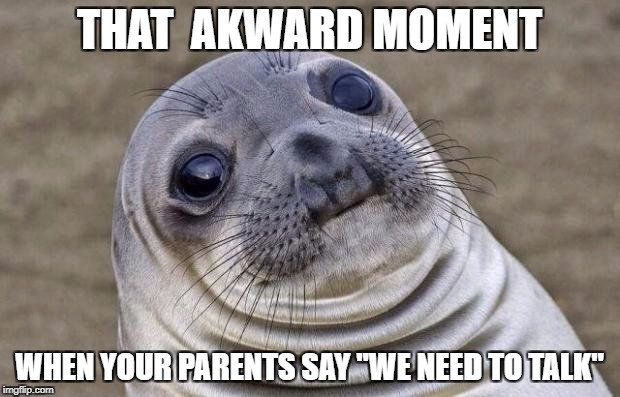 Awkward Moment Sealion Meme | THAT  AKWARD MOMENT; WHEN YOUR PARENTS SAY "WE NEED TO TALK" | image tagged in memes,awkward moment sealion | made w/ Imgflip meme maker