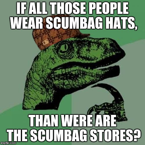 Philosoraptor Meme | IF ALL THOSE PEOPLE WEAR SCUMBAG HATS, THAN WERE ARE THE SCUMBAG STORES? | image tagged in memes,philosoraptor,scumbag | made w/ Imgflip meme maker