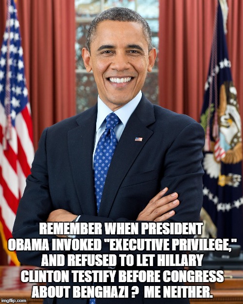 President Obama | REMEMBER WHEN PRESIDENT OBAMA INVOKED "EXECUTIVE PRIVILEGE," AND REFUSED TO LET HILLARY CLINTON TESTIFY BEFORE CONGRESS ABOUT BENGHAZI ?  ME NEITHER. | image tagged in president obama | made w/ Imgflip meme maker