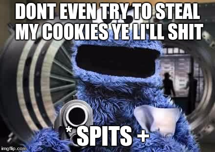 cookie monster  | DONT EVEN TRY TO STEAL MY COOKIES YE LI'LL SHIT; * SPITS + | image tagged in cookie monster | made w/ Imgflip meme maker