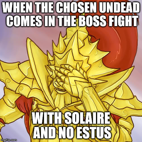 WHEN THE CHOSEN UNDEAD COMES IN THE BOSS FIGHT; WITH SOLAIRE AND NO ESTUS | image tagged in ornstein is not impressed | made w/ Imgflip meme maker