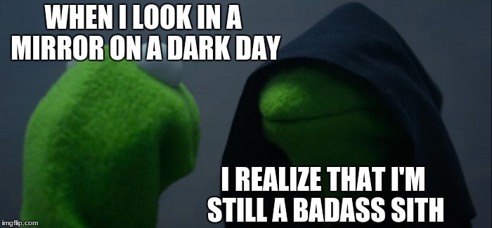 Evil Kermit Meme | WHEN I LOOK IN A MIRROR ON A DARK DAY; I REALIZE THAT I'M STILL A BADASS SITH | image tagged in memes,evil kermit | made w/ Imgflip meme maker