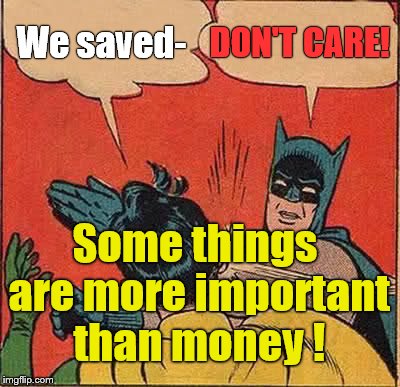 Batman Slapping Robin Meme | We saved- DON'T CARE! Some things are more important than money ! | image tagged in memes,batman slapping robin | made w/ Imgflip meme maker