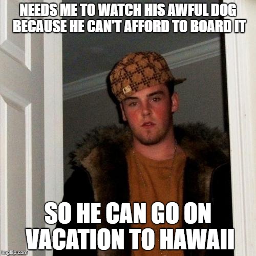 Scumbag Steve Meme | NEEDS ME TO WATCH HIS AWFUL DOG BECAUSE HE CAN'T AFFORD TO BOARD IT; SO HE CAN GO ON VACATION TO HAWAII | image tagged in memes,scumbag steve | made w/ Imgflip meme maker