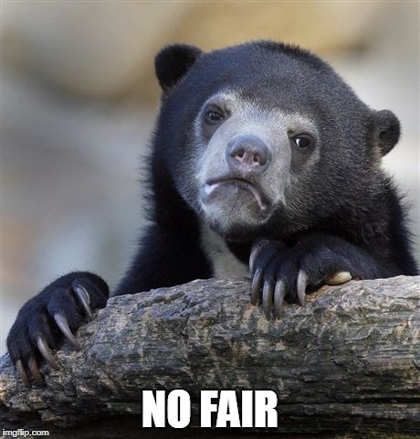 Remember when you were a kid and you ask your parents what you want and they said no and you said two words | NO FAIR | image tagged in memes,confession bear | made w/ Imgflip meme maker