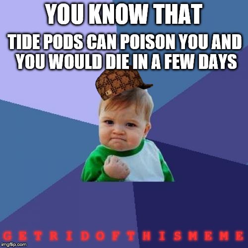 Success Kid Meme | YOU KNOW THAT; TIDE PODS CAN POISON YOU AND YOU WOULD DIE IN A FEW DAYS; G E T R I D O F T H I S M E M E | image tagged in memes,success kid,scumbag | made w/ Imgflip meme maker
