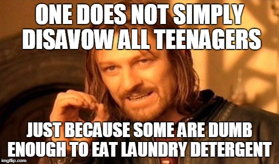 One Does Not Simply Meme | ONE DOES NOT SIMPLY DISAVOW ALL TEENAGERS JUST BECAUSE SOME ARE DUMB ENOUGH TO EAT LAUNDRY DETERGENT | image tagged in memes,one does not simply | made w/ Imgflip meme maker