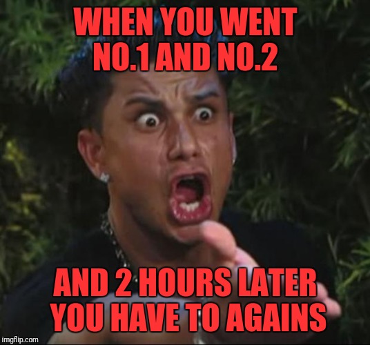 DJ Pauly D Meme | WHEN YOU WENT NO.1 AND NO.2; AND 2 HOURS LATER YOU HAVE TO AGAINS | image tagged in memes,dj pauly d | made w/ Imgflip meme maker