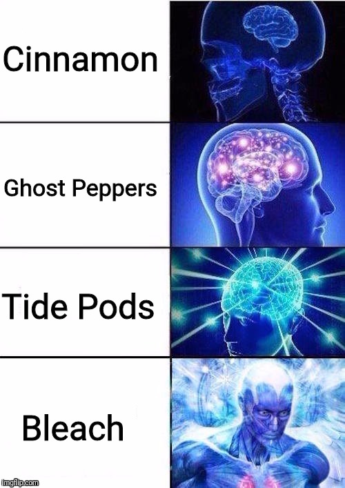 Brain Mind Expanding | Cinnamon; Ghost Peppers; Tide Pods; Bleach | image tagged in brain mind expanding | made w/ Imgflip meme maker