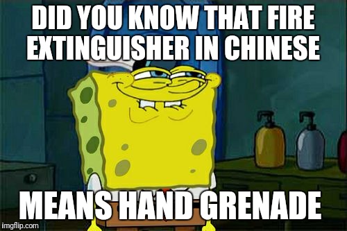 Don't You Squidward | DID YOU KNOW THAT FIRE EXTINGUISHER IN CHINESE; MEANS HAND GRENADE | image tagged in memes,dont you squidward | made w/ Imgflip meme maker