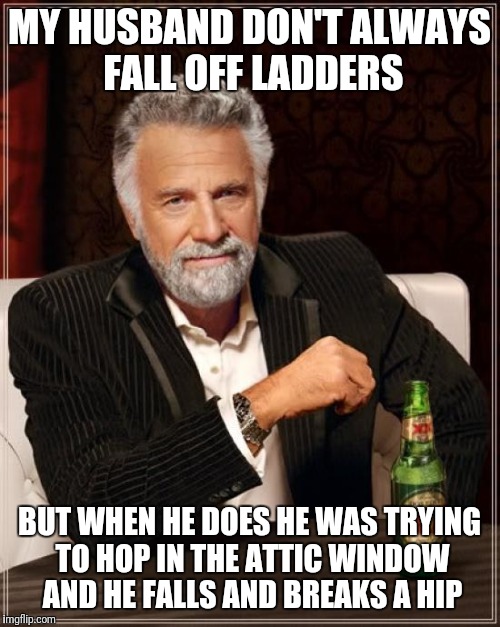 The Most Interesting Man In The World Meme | MY HUSBAND DON'T ALWAYS FALL OFF LADDERS; BUT WHEN HE DOES HE WAS TRYING TO HOP IN THE ATTIC WINDOW AND HE FALLS AND BREAKS A HIP | image tagged in memes,the most interesting man in the world | made w/ Imgflip meme maker