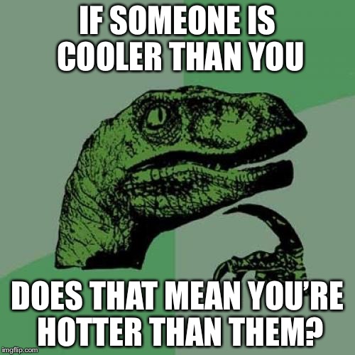 Philosoraptor Meme | IF SOMEONE IS COOLER THAN YOU; DOES THAT MEAN YOU’RE HOTTER THAN THEM? | image tagged in memes,philosoraptor | made w/ Imgflip meme maker
