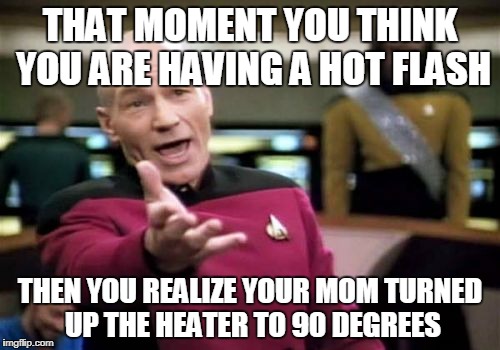 Picard Wtf Meme | THAT MOMENT YOU THINK YOU ARE HAVING A HOT FLASH; THEN YOU REALIZE YOUR MOM TURNED UP THE HEATER TO 90 DEGREES | image tagged in memes,picard wtf | made w/ Imgflip meme maker