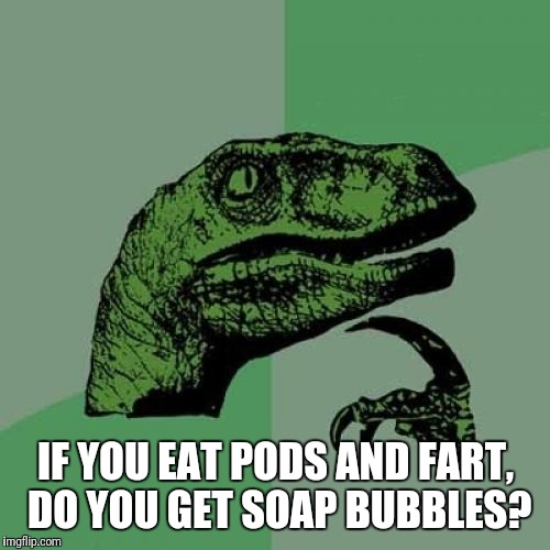 Philosoraptor Meme | IF YOU EAT PODS AND FART, DO YOU GET SOAP BUBBLES? | image tagged in memes,philosoraptor | made w/ Imgflip meme maker