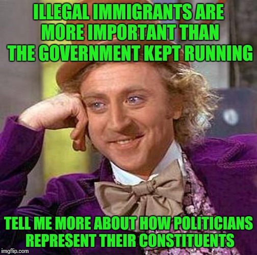 Political pawns | ILLEGAL IMMIGRANTS ARE MORE IMPORTANT THAN THE GOVERNMENT KEPT RUNNING; TELL ME MORE ABOUT HOW POLITICIANS REPRESENT THEIR CONSTITUENTS | image tagged in memes,creepy condescending wonka,government shutdown,pipe_picasso | made w/ Imgflip meme maker