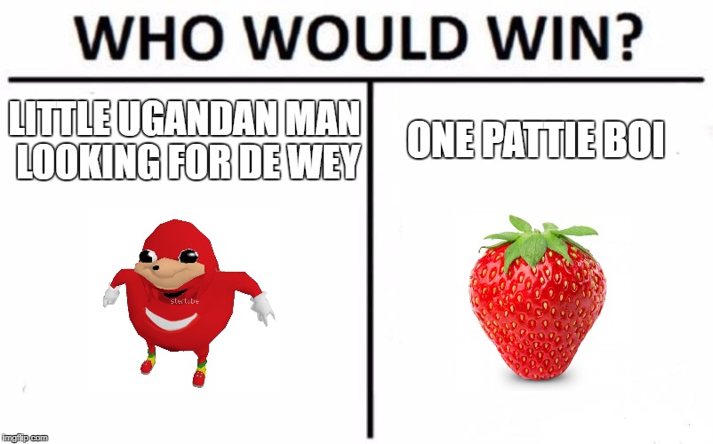 Who Would Win? Meme | LITTLE UGANDAN MAN LOOKING FOR DE WEY; ONE PATTIE BOI | image tagged in memes,who would win | made w/ Imgflip meme maker