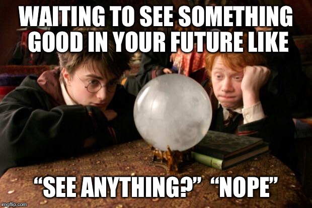 Harry Potter meme | WAITING TO SEE SOMETHING GOOD IN YOUR FUTURE LIKE; “SEE ANYTHING?”  “NOPE” | image tagged in harry potter meme | made w/ Imgflip meme maker