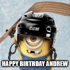 Hockey Minion | HAPPY BIRTHDAY ANDREW | image tagged in hockey minion | made w/ Imgflip meme maker