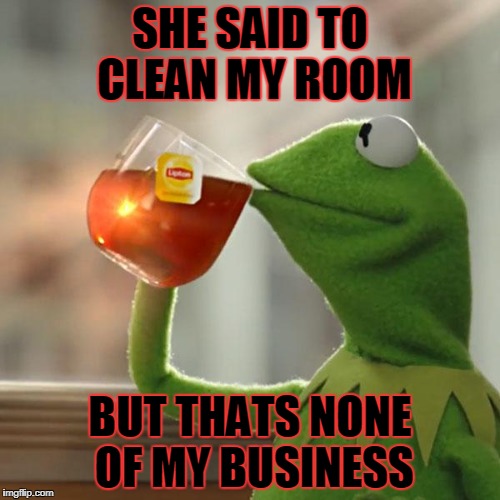 But That's None Of My Business Meme | SHE SAID TO CLEAN MY ROOM; BUT THATS NONE OF MY BUSINESS | image tagged in memes,but thats none of my business,kermit the frog | made w/ Imgflip meme maker