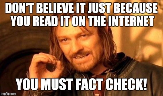 One Does Not Simply Meme | DON'T BELIEVE IT JUST BECAUSE YOU READ IT ON THE INTERNET; YOU MUST FACT CHECK! | image tagged in memes,one does not simply | made w/ Imgflip meme maker