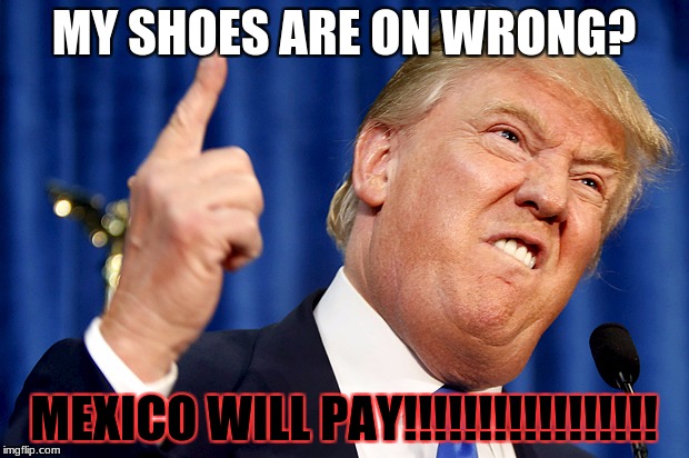 Donald Trump | MY SHOES ARE ON WRONG? MEXICO WILL PAY!!!!!!!!!!!!!!!!! | image tagged in donald trump | made w/ Imgflip meme maker