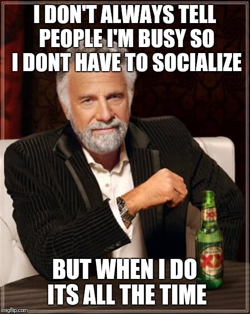 The Most Interesting Man In The World Meme | I DON'T ALWAYS TELL PEOPLE I'M BUSY SO I DONT HAVE TO SOCIALIZE; BUT WHEN I DO ITS ALL THE TIME | image tagged in memes,the most interesting man in the world | made w/ Imgflip meme maker