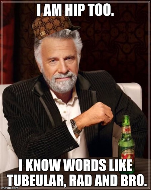 The Most Interesting Man In The World Meme | I AM HIP TOO. I KNOW WORDS LIKE TUBEULAR, RAD AND BRO. | image tagged in memes,the most interesting man in the world,scumbag | made w/ Imgflip meme maker