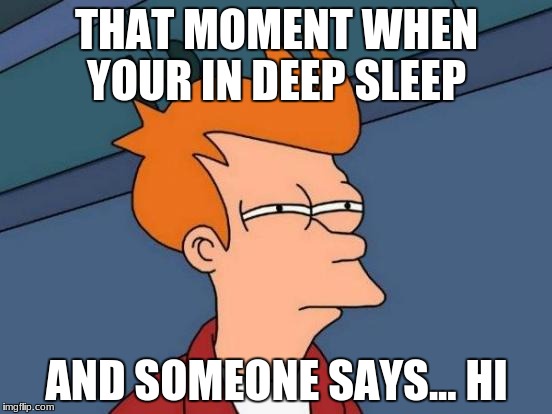 Futurama Fry | THAT MOMENT WHEN YOUR IN DEEP SLEEP; AND SOMEONE SAYS... HI | image tagged in memes,futurama fry | made w/ Imgflip meme maker