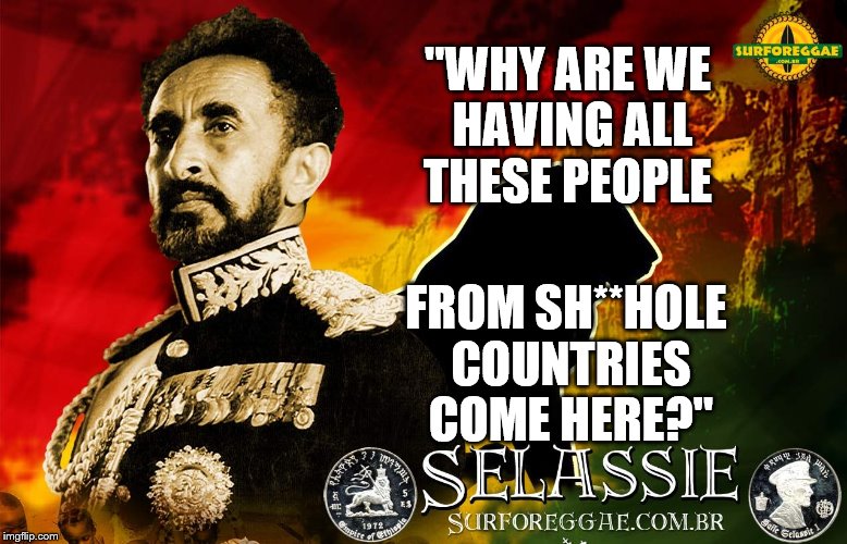Selassie | "WHY ARE WE HAVING ALL THESE PEOPLE; FROM SH**HOLE COUNTRIES COME HERE?" | image tagged in selassie | made w/ Imgflip meme maker