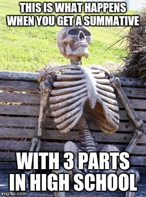 Waiting Skeleton Meme | THIS IS WHAT HAPPENS WHEN YOU GET A SUMMATIVE; WITH 3 PARTS IN HIGH SCHOOL | image tagged in memes,waiting skeleton | made w/ Imgflip meme maker