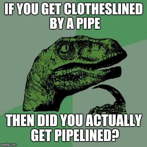 Philosoraptor Meme | IF YOU GET CLOTHESLINED BY A PIPE THEN DID YOU ACTUALLY GET PIPELINED? | image tagged in memes,philosoraptor | made w/ Imgflip meme maker