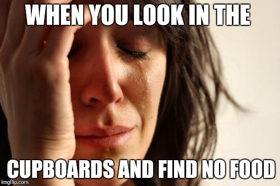 First World Problems Meme | WHEN YOU LOOK IN THE; CUPBOARDS AND FIND NO FOOD | image tagged in memes,first world problems | made w/ Imgflip meme maker