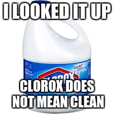 blech | I LOOKED IT UP; CLOROX DOES NOT MEAN CLEAN | image tagged in blech | made w/ Imgflip meme maker