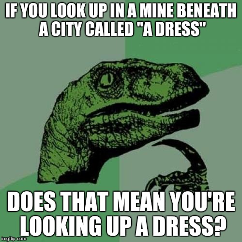 Philosoraptor | IF YOU LOOK UP IN A MINE BENEATH A CITY CALLED "A DRESS"; DOES THAT MEAN YOU'RE LOOKING UP A DRESS? | image tagged in memes,philosoraptor | made w/ Imgflip meme maker