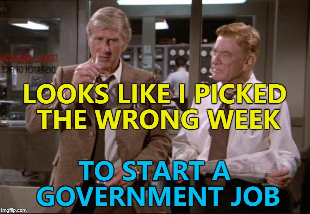 The shutdown will probably be avoided because I made this :) | LOOKS LIKE I PICKED THE WRONG WEEK; TO START A GOVERNMENT JOB | image tagged in airplane wrong week,memes,government shutdown,trump,politics,movies | made w/ Imgflip meme maker
