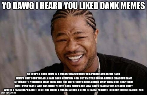 Yo Dawg Heard You Meme | YO DAWG I HEARD YOU LIKED DANK MEMES; SO HERE'S A DANK MEME IN A PHRASE IN A SENTENCE IN A PARAGRAPH ABOUT DANK MEMES  I BET YOU PROBABLY HATE DANK MEMES BY NOW BUT I'M STILL GONNA RAMBLE ON ABOUT DANK MEMES UNTIL YOU CLICK AWAY FROM THIS BUT YOU'RE NEVER GONNA CLICK AWAY FROM THIS COS YOU'RE TROLL POST TRASH WHO ABSOLUTELY LOVES DANK MEMES AND NOW HATES DANK MEMES BECAUSE I JUST WROTE A PARAGRAPH ABOUT  SENTENCE ABOUT A PHRASE ABOUT A MEME BECAUSE YO DAWG I HEARD YOU LIKE DANK MEMES | image tagged in memes,yo dawg heard you | made w/ Imgflip meme maker