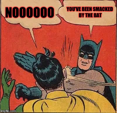 Batman Slapping Robin Meme | NOOOOOO; YOU'VE BEEN SMACKED BY THE BAT | image tagged in memes,batman slapping robin | made w/ Imgflip meme maker