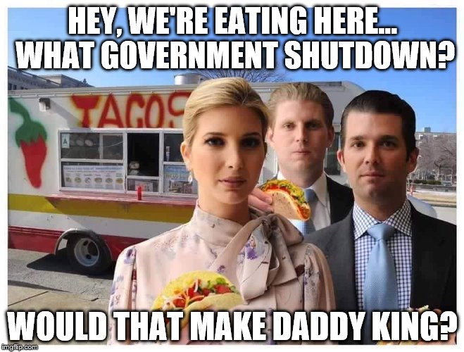 trump kids romanovs | HEY, WE'RE EATING HERE... WHAT GOVERNMENT SHUTDOWN? WOULD THAT MAKE DADDY KING? | image tagged in trump kids romanovs | made w/ Imgflip meme maker